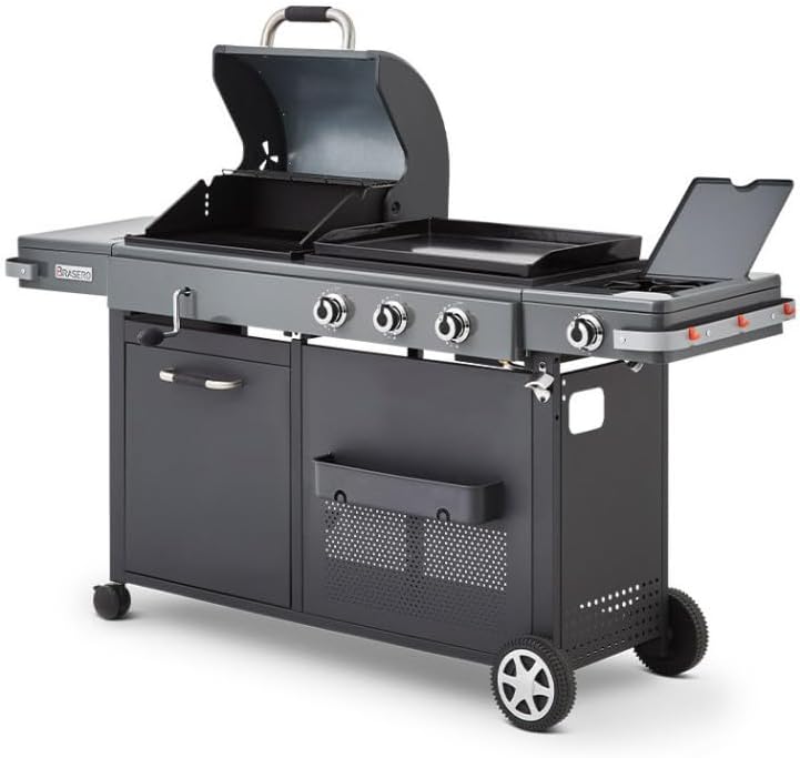 '- Barbecue Bi-Energy Gun Metal XL - Barbecue Charbon et Plancha 60 x 42 cm à gaz avec brûleur latéral -12,95 KW