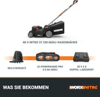 WORX WG737E Nitro Akku-Rasenmäher 40V(2x20V) - leistungsstarke bürstenloser Motor - 37cm Schnittbreite - 6 Schnitthöhenstufe (20-70mm) - 40L Grasfangsack - inkl. 2x4Ah Akkus & Dual-Ladengerät