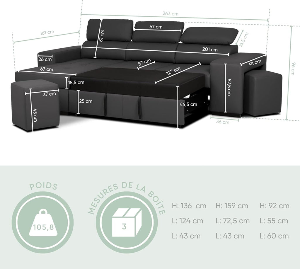 John Canapé-Lit d’Angle 4 Places – Chaise Longue Réversible, Têtières Réglables et 2 Poufs – Revêtement en Polyuréthane – Style Moderne – 263x161x96 cm – Noir