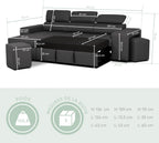 John Canapé-Lit d’Angle 4 Places – Chaise Longue Réversible, Têtières Réglables et 2 Poufs – Revêtement en Polyuréthane – Style Moderne – 263x161x96 cm – Noir