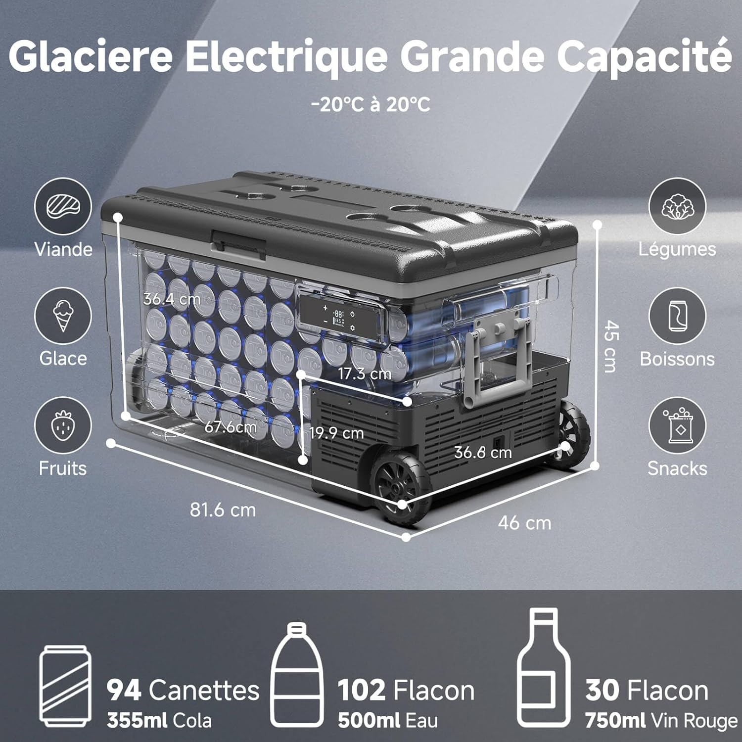 45L Glacière à Compresseur,Glaciere Électrique -20℃ à 20℃,Frigo Camion APP&Bouton Contrôle,12/24V DC et 100-240V AC Glaciere Camping Pour Voiture,Camion,Bateau et Prise De Courant -