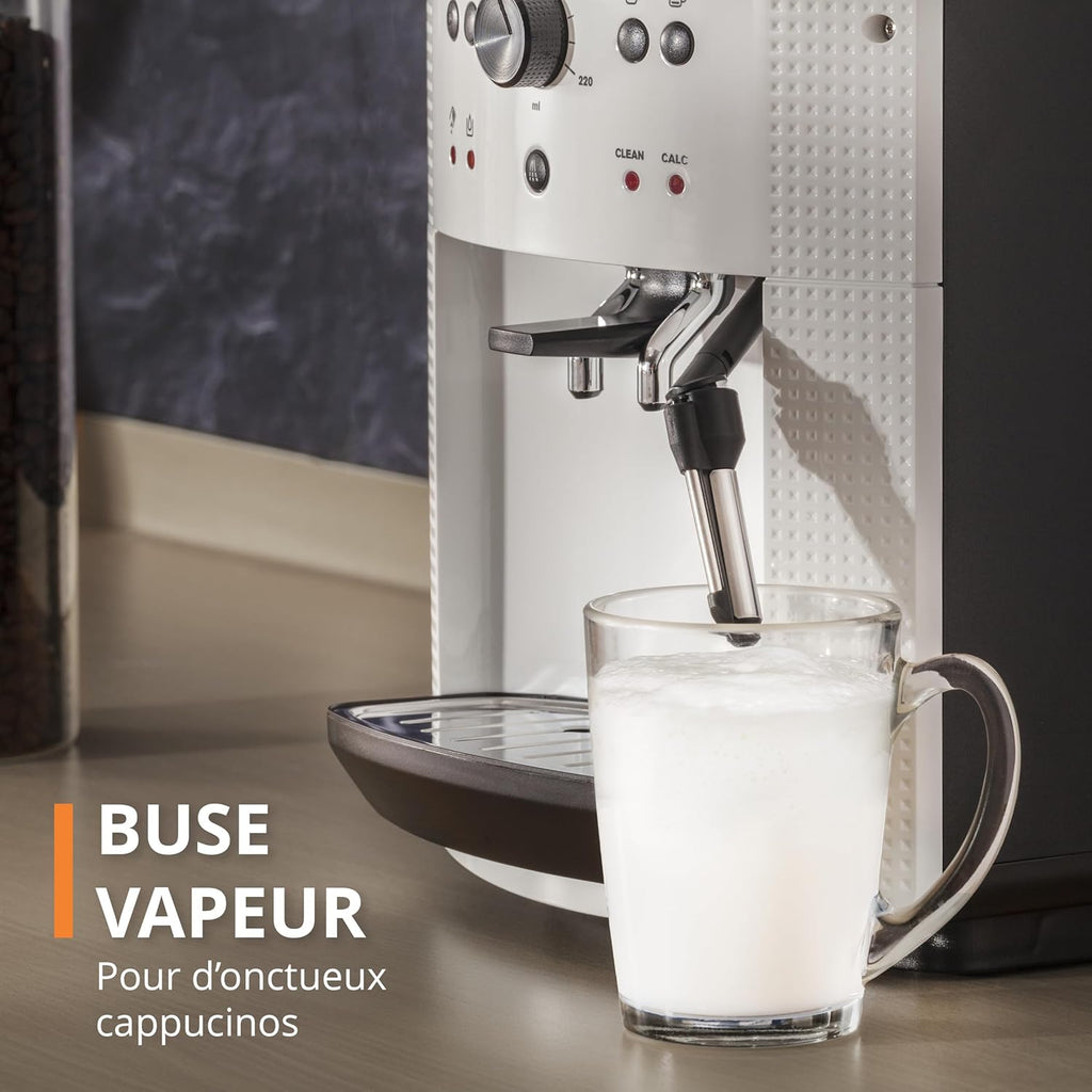 Krups Machine à café grain, 1,7 L, 2 tasses en simultané, Nettoyage automatique, Buse vapeur pour Cappuccino, Cafetière espresso, Essential noire YY8125FD, Noir