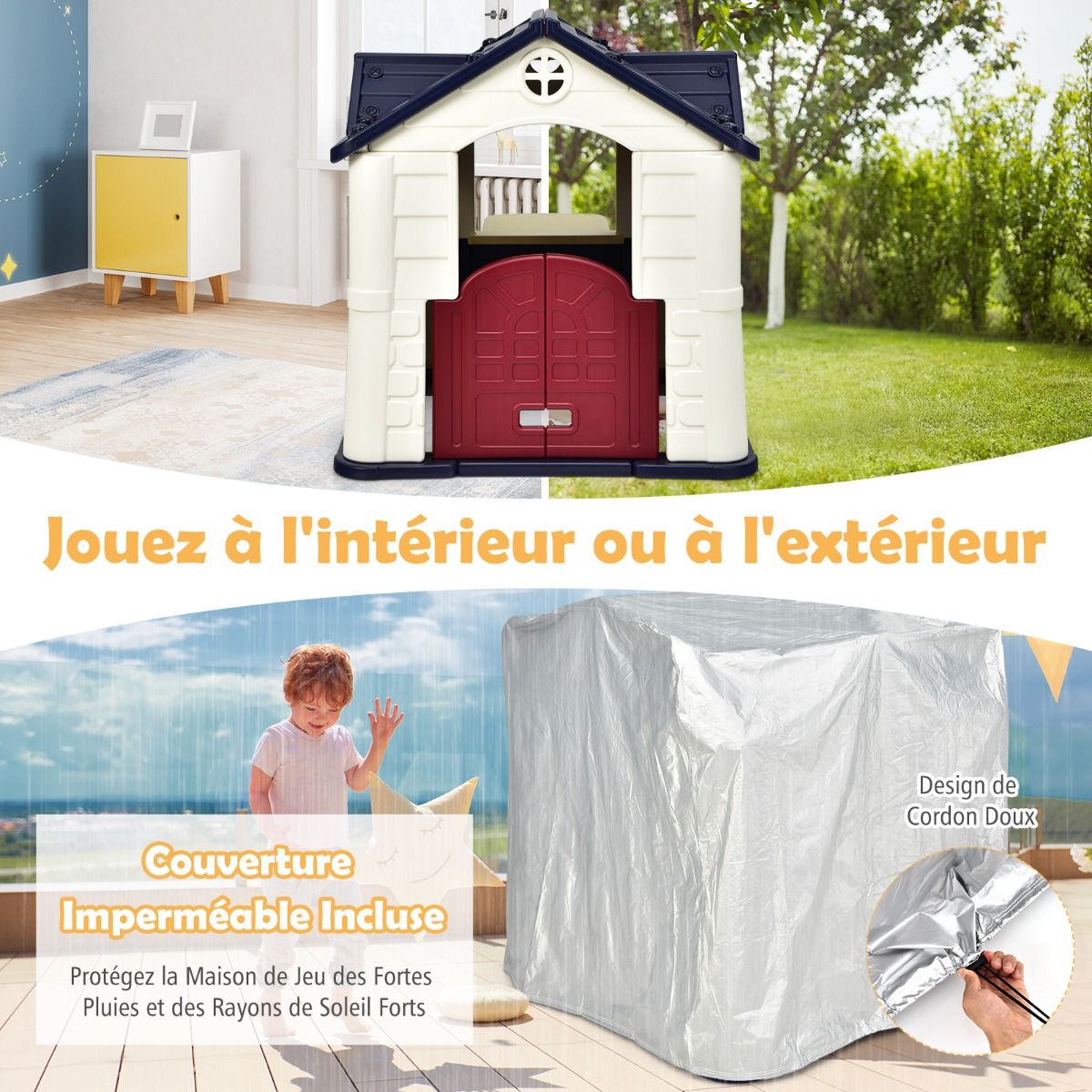 Maison Chef House -Thème Burger Bar - Table de Pique Nique Cabane de Jardin Anti-UV en Plastique 164x124x132 cm Bleu/Rose/Jaune