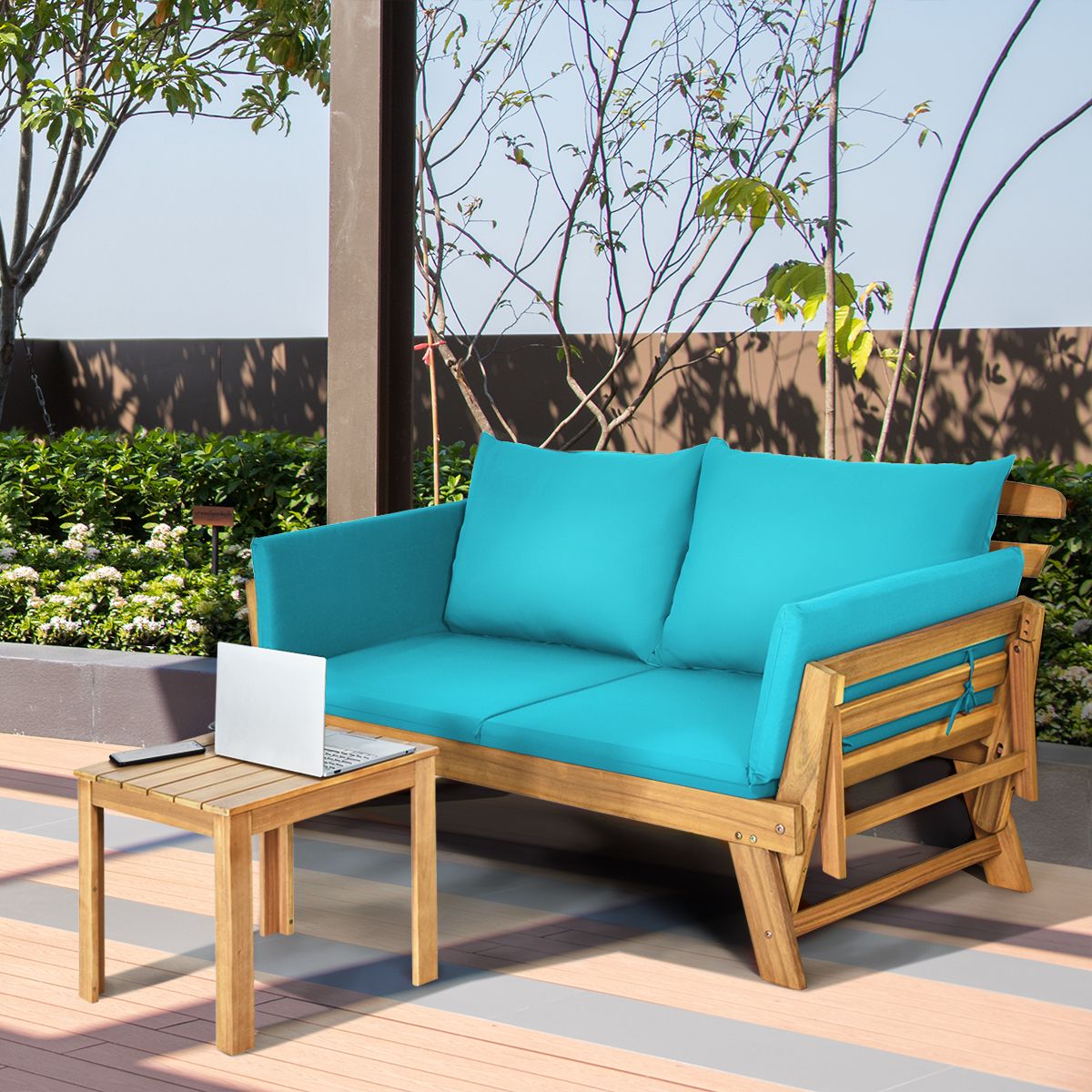 Chaise Longue Convertible avec Coussin Canapé de Jardin 2 en 1 en Bois d’Acacia avec Accoudoir Réglable pour Patio Piscine Jardin Blanc/Gris/Bleu/Rouge