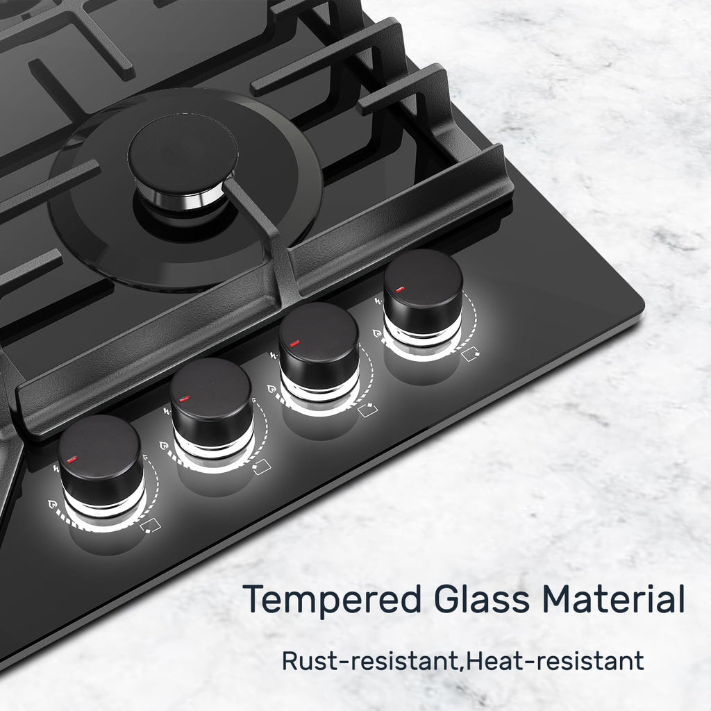 TOPWISH Gaskochfeld 4 flammig,Einbau Gaskochfeld,Gaskochfelder mit rote beleuchteter Drehknopf,ghärtetes Glas-Gaskochfeld,Glasherd,NG/LPG Konvertierbar,Automatischer Thermoelementschutz,60cm,8000 Watt
