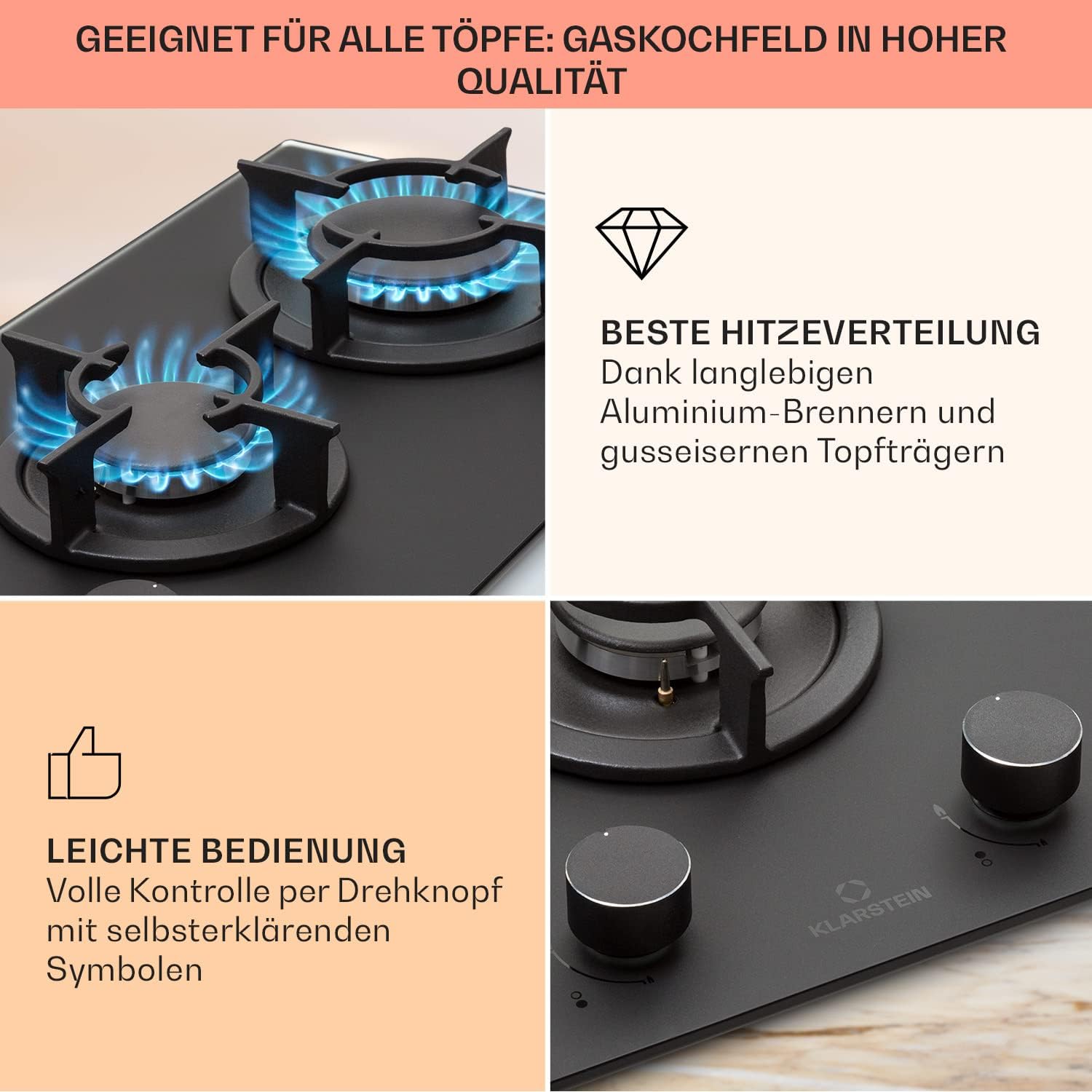 Klarstein Gasherd, Einbau-Gasherd für Propan Gasflasche, Gaskochfeld 4 Flammig, Gasherd für Küche, Camping & Wohnmobil, 8000 W Kochplatte, LPG Gaskocher, Herdplatte für Propangas, Edelstahl Gas-Herd