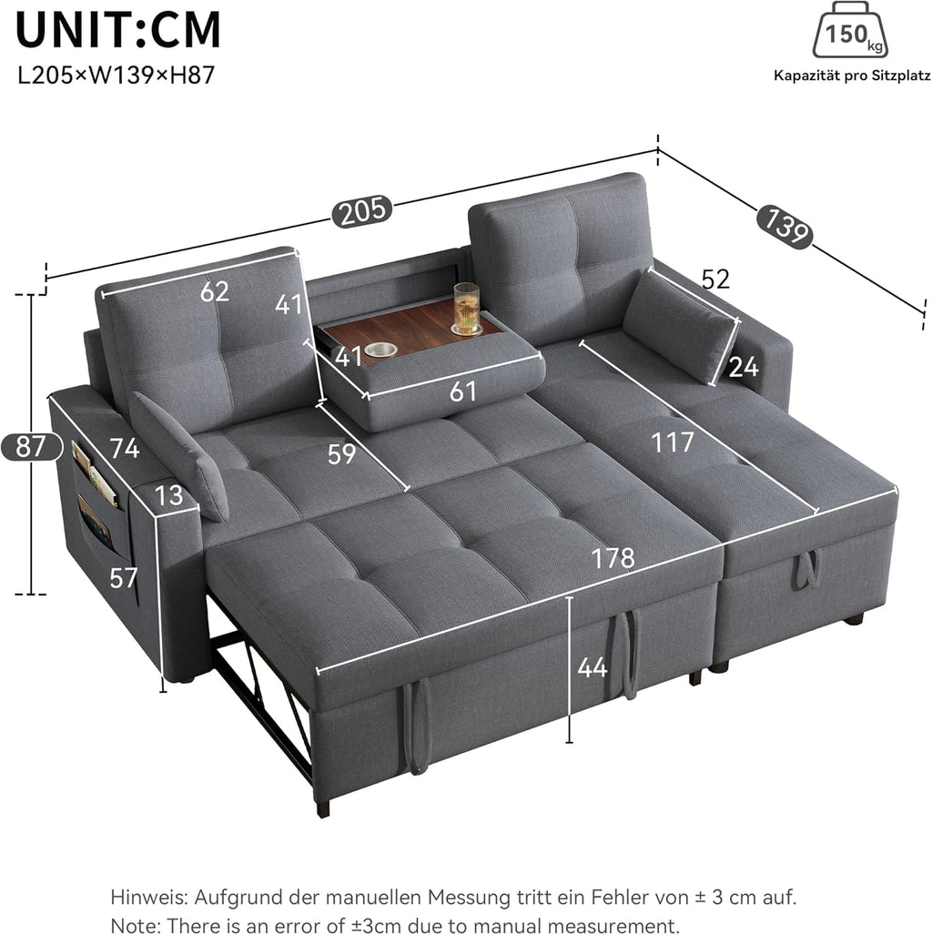 Canapé Convertible en Forme de L,canape lit 2 Places Convertible Gris,canapé 3 Places lit gigogne avec Fonction Couchage,équipé d'un Espace de Rangement