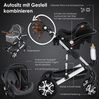 KESSER® Loops 3 in 1 Kinderwagen Kombikinderwagen Komplett-Set inkl. Babywanne & Buggy Sportsitz & Auto-Babyschale Voll-Gummireifen Wickeltasche Regenschutz Kindertisch ECE R129, Grau/Silber