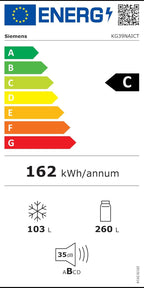 SIEMENS KG39EAICA iQ500 Kühl-Gefrier-Kombination, 201 x 60 cm, 249 L Kühlen + 94 L Gefrieren, LowFrost seltener abtauen, LED-Beleuchtung gleichmige Ausleuchtung, BigBox Platz für groes Gefriergut