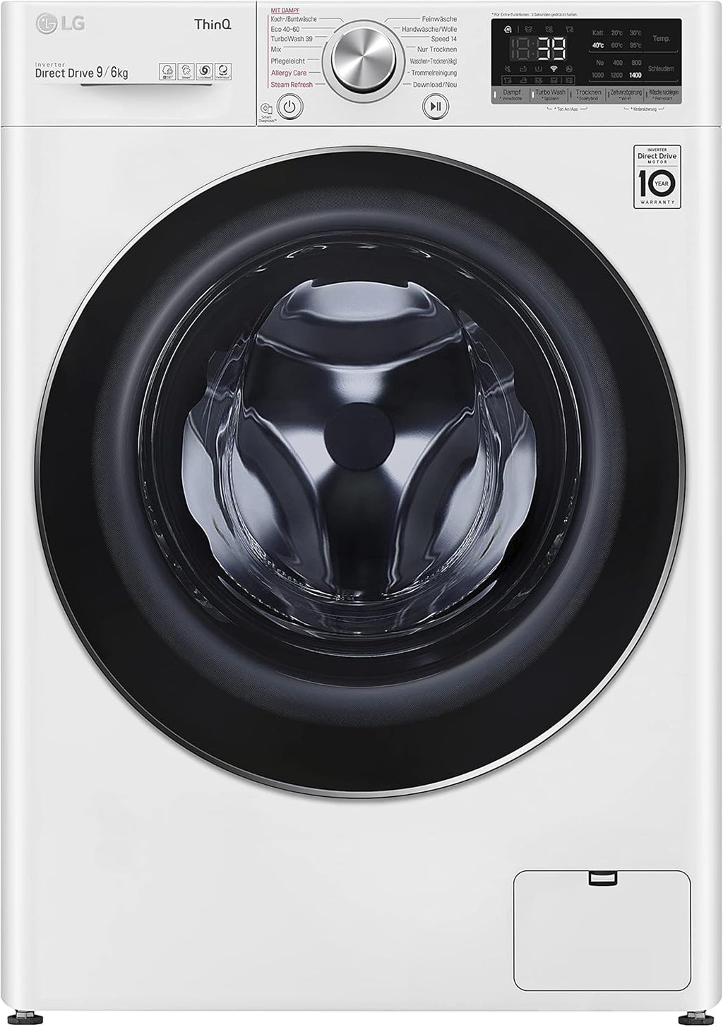 LG V7WD107H2E, Klasse E, Frontlader-Waschtrockner 10,5 - 7 kg, 1400 U/min, AI Direct Drive, Wi-Fi, Tiefenreinigung mit Dampf, TurboWash, Größere Kapazität, 62 x 60 x 85 cm ꟷ Weiß