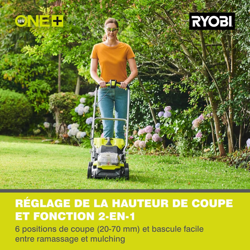 RYOBI 18 V ONE+ Akku-Rasenmäher RLM18X33B40 (Schnittbreite 33 cm, 5-fache Höhenverstellung 25-65 mm, zusammenklappbares Griffgestänge, inkl. Mulchkeil, 35l Grasfangsack, 4,0Ah Akku & Ladegerät)