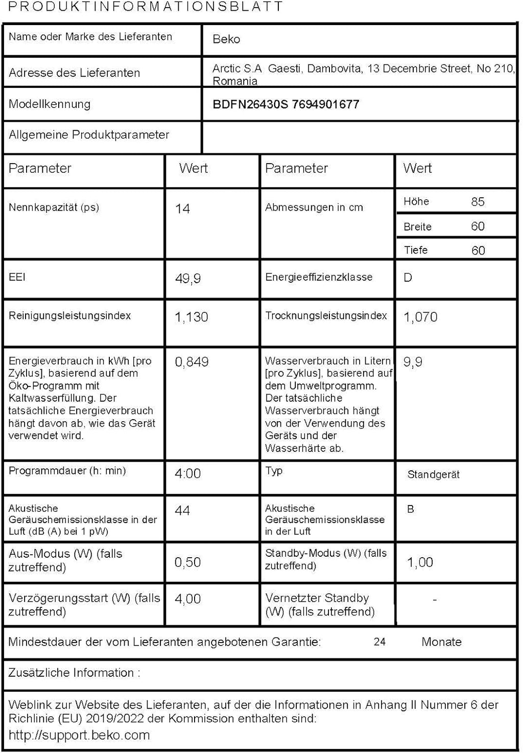 Beko BDFN26420W b300 freistehender Geschirrspüler, unterbaufhig, Platz für 14 Magedecke, Pro  Inverter Motor, TrayWash, HygieneIntense, 6 Programme, WaterSafe+, Wei