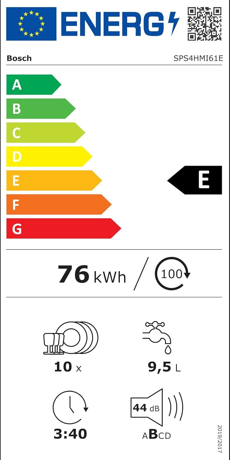 Bosch SPS4HMI61E Serie 4 Freistehender Geschirrspüler / E / 45 cm / Edelstahl / 76 kWh/100 Zyklen / 10 MGD / SuperSilence / Extra Trocknen / VarioSchublade / Home Connect