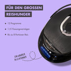 REISHUNGER Digitaler Reiskocher & Dampfgarer Schwarz | 1,5 L bis 8 Personen | Warmhaltefunktion, Timer & Premium Innentopf | Multikocher, 12 Programme, 7-Phasen-Technologie