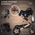 KESSER® Loops 3 in 1 Kinderwagen Kombikinderwagen Komplett-Set inkl. Babywanne & Buggy Sportsitz & Auto-Babyschale Voll-Gummireifen Wickeltasche Regenschutz Kindertisch ECE R129, Schwarz/Champagne