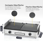 KLAMER Elektrogrill, antihaftbeschichtete und abnehmbare Duo-Platten, separate Temperatureinstellung, 5 Grillstufen, mit Wind-/ Spritzschutz & Auffangschale