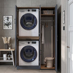 ROOMART Dora - Armoire de machine à laver - Pour sèche-linge et machine à laver - En 4 couleurs - Avec portes et panneau coulissant - Blanc - Chêne blanc - Chêne anthracite - Chêne blanc (chêne blanc)