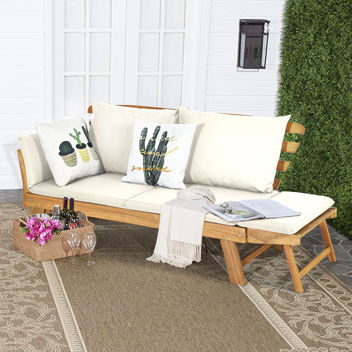 Chaise Longue Convertible avec Coussin Canapé de Jardin 2 en 1 en Bois d’Acacia avec Accoudoir Réglable pour Patio Piscine Jardin Blanc/Gris/Bleu/Rouge