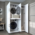 ROOMART Dora - Armoire de machine à laver - Pour sèche-linge et machine à laver - En 4 couleurs - Avec portes et panneau coulissant - Blanc - Chêne blanc - Chêne anthracite - Chêne blanc (chêne blanc)