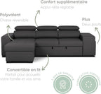 John Canapé-Lit d’Angle 4 Places – Chaise Longue Réversible, Têtières Réglables et 2 Poufs – Revêtement en Polyuréthane – Style Moderne – 263x161x96 cm – Noir