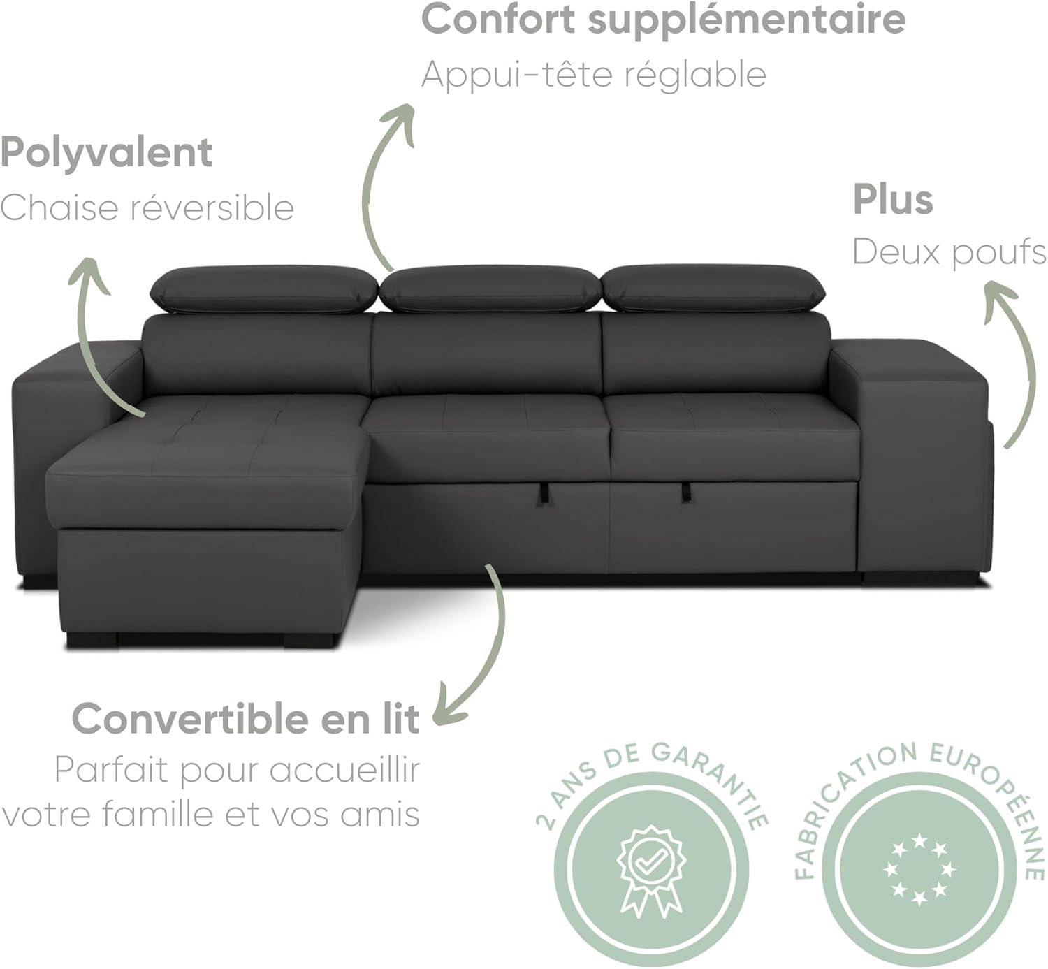 John Canapé-Lit d’Angle 4 Places – Chaise Longue Réversible, Têtières Réglables et 2 Poufs – Revêtement en Polyuréthane – Style Moderne – 263x161x96 cm – Noir