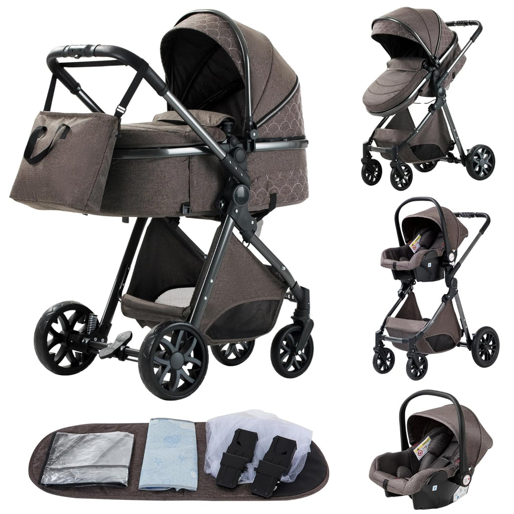 YAZOCO kinderwagen 3 in 1 Buggy Babybett Komplett Set Einem Klick Zusammenklappbarer Kinderwagen, KombiKinderwagen Aluminiumrahmen für Neugeborene Sitzzubehör (1 schwarz)
