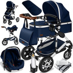 KESSER® Loops 3 in 1 Kinderwagen Kombikinderwagen Komplett-Set inkl. Babywanne & Buggy Sportsitz & Auto-Babyschale Voll-Gummireifen Wickeltasche Regenschutz Kindertisch ECE R129, Grau/Silber