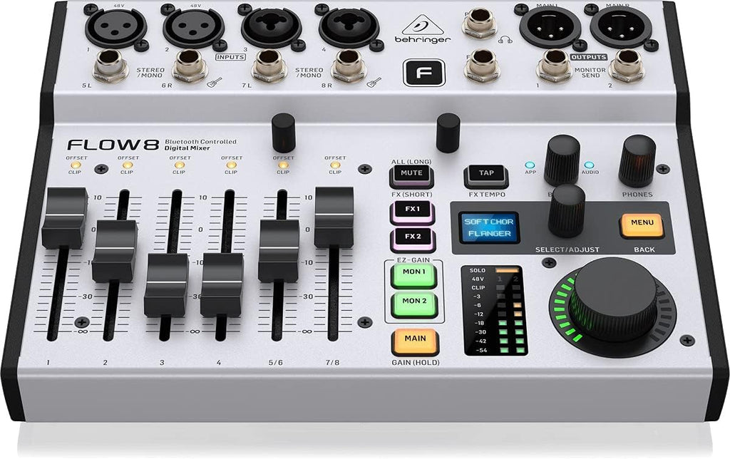 Behringer FLOW 8 8-Input Digital Mixer with Bluetooth Audio and App Control, 60mm Channel Faders, 2 FX Processors and USB/Audio Interface