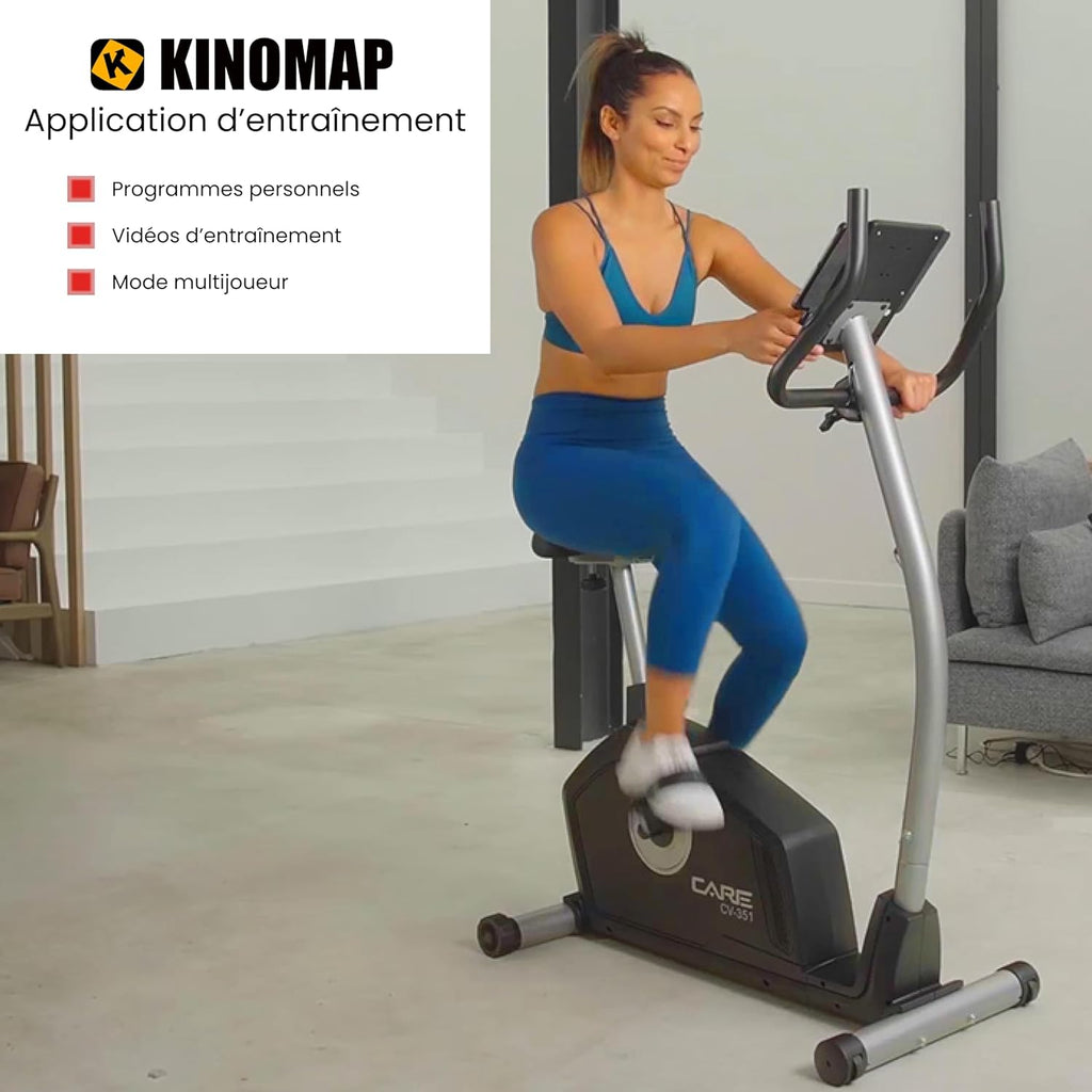 '- Vélo d’Appartement Motorisé CV-351 – Masse d'Inertie 10kg - Résistance Magnétique à 16 Niveaux - 7 Programmes d'Entraînement - Selle Ajustable - Connectivité Application Kinomap