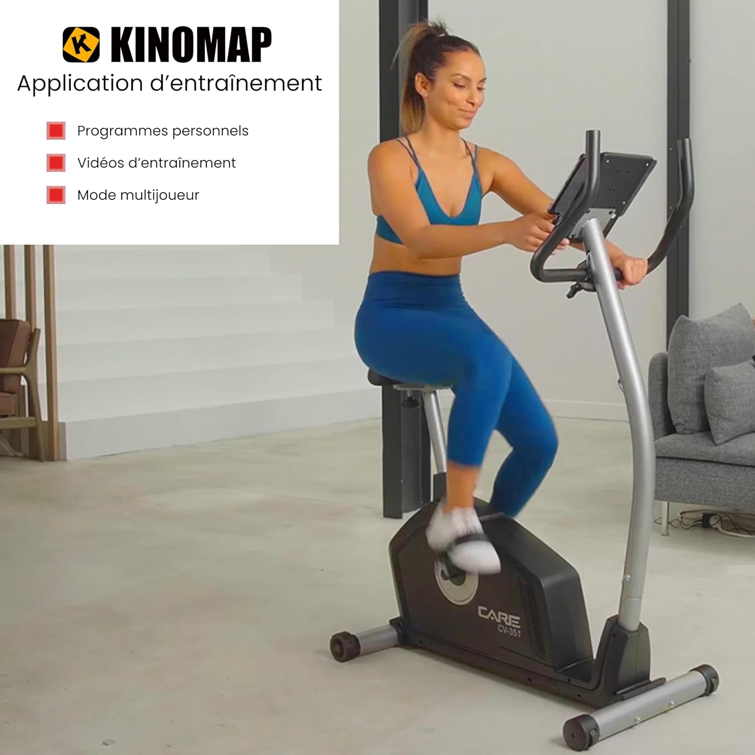 '- Vélo d’Appartement Motorisé CV-351 – Masse d'Inertie 10kg - Résistance Magnétique à 16 Niveaux - 7 Programmes d'Entraînement - Selle Ajustable - Connectivité Application Kinomap