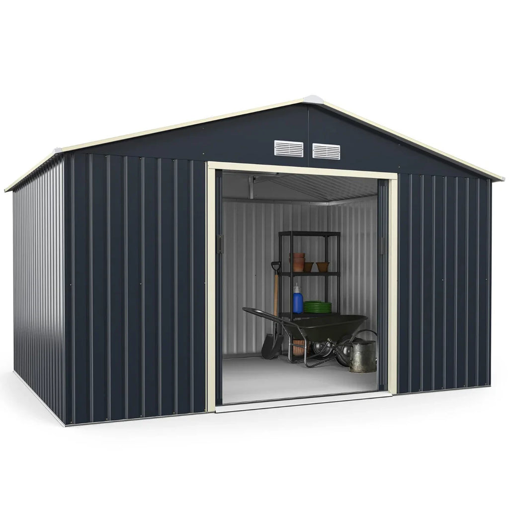 Abri de jardin en métal 8,67 ㎡ 340 x 255 x 210 cm avec 2 portes coulissantes verrouillables 4 trous d’aération gris pour vélo 20_0005483