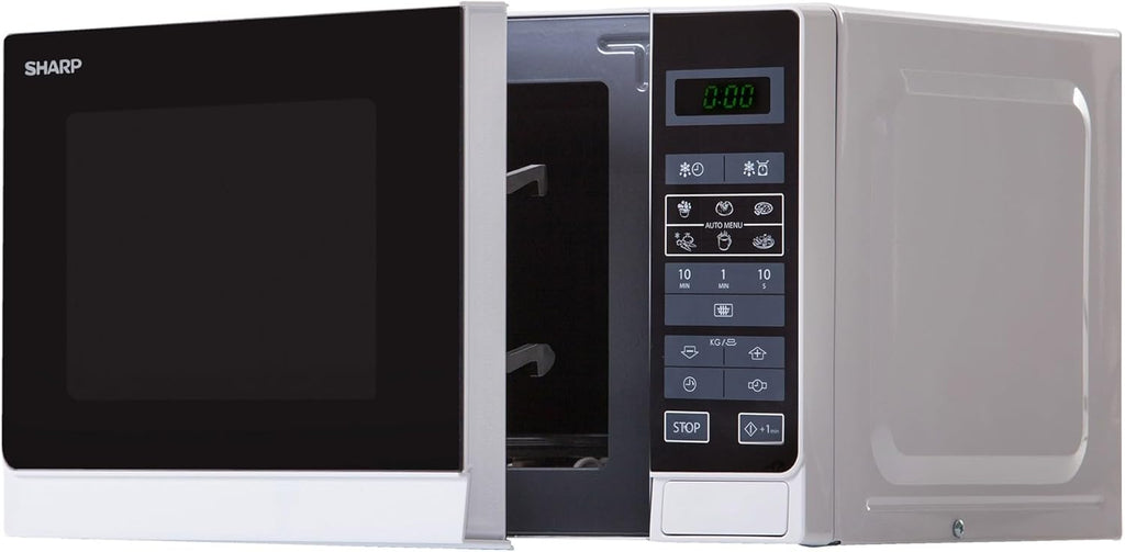 Sharp R242INW Solo-Mikrowelle / 20 L / 800 W / 5 Leistungsstufen / 8 Automatikprogramme / Gewicht- und zeitgesteuerte Auftauen / Kindersicherung / Energiesparmodus / Glasdrehteller (25,5 cm) / silber