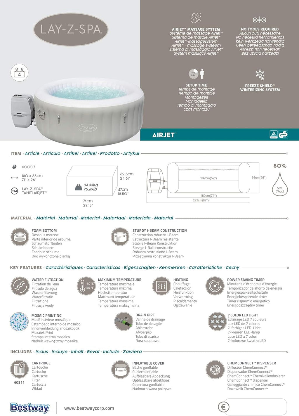 Spa gonflable rond BESTWAY Lay-Z-Spa® Miami Airjet™ 2 - 4 personnes