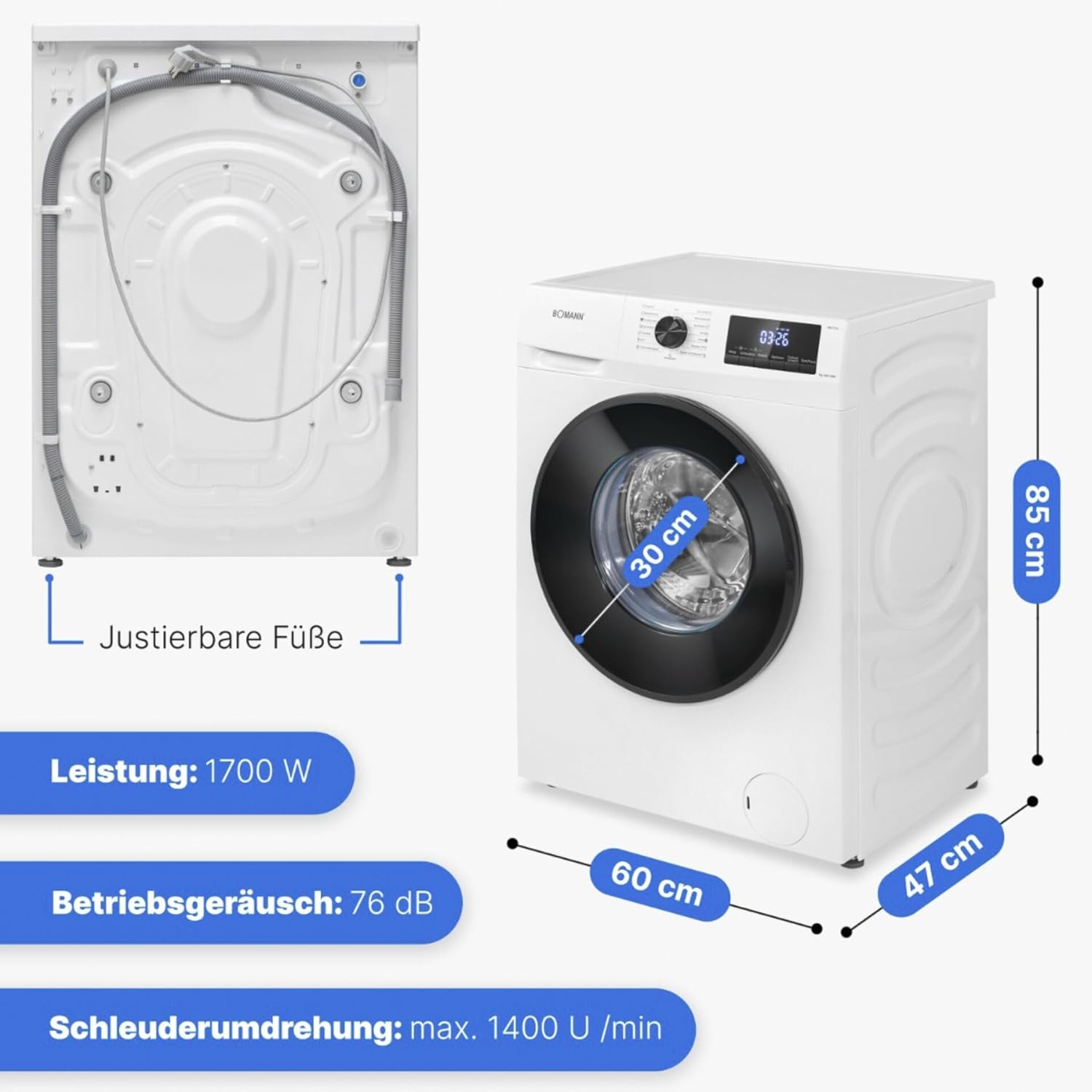 Bomann Machine à laver | 7kg | max 1400 tours | Garantie moteur 10 ans | Moteur inverter efficace, silencieux et durable | 15 programmes | Présélection du temps de fin | Affichage LED | Machine à