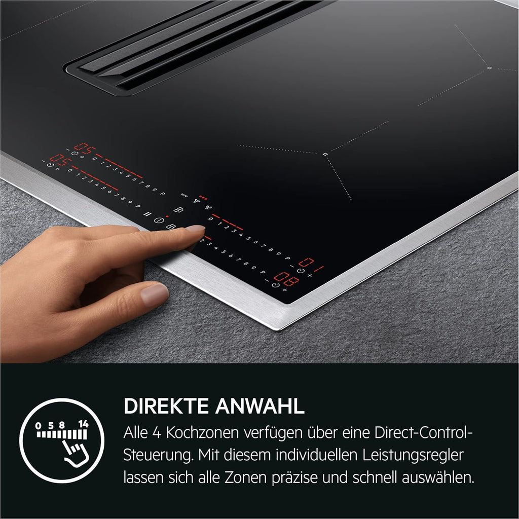 AEG Induktionskochfeld autark 80cm mit Dunstabzug / Made in Germany / 4 Flex-Kochzonen mit Bridge (Kombination 2er Zonen) / Auto-Funktion des Dunstabzugs / Aktivkohlefilter / COLI84COXB