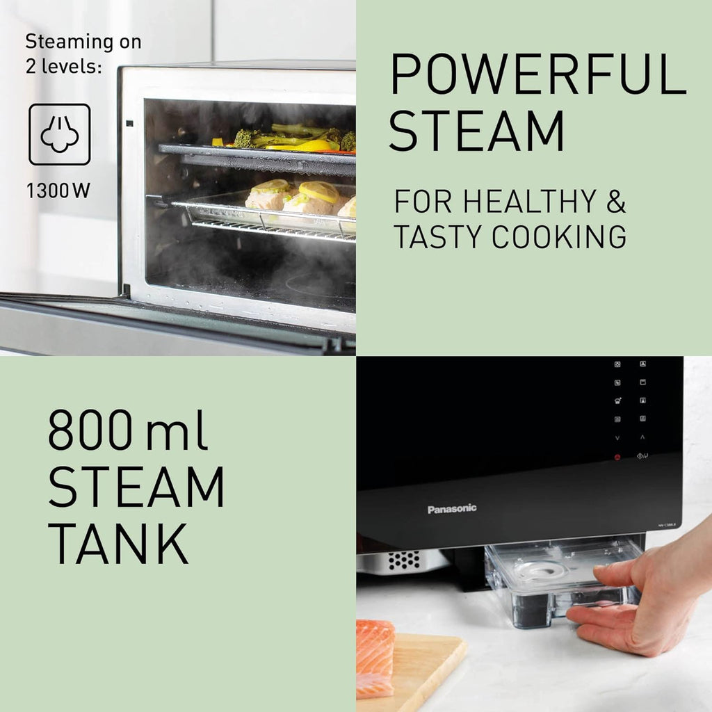 Panasonic NN-CS88LBEPG | 4-in-1-Kombi-Dampfofen, 31 l, Inverter, Drehheizung auf 30-230 °C, Flachgrill 1300 W, Mikrowelle 1000 W, Dampf 1300 W, feste Oberseite, Schwarz — Version FR