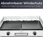 KLAMER Elektrogrill, antihaftbeschichtete und abnehmbare Duo-Platten, separate Temperatureinstellung, 5 Grillstufen, mit Wind-/ Spritzschutz & Auffangschale