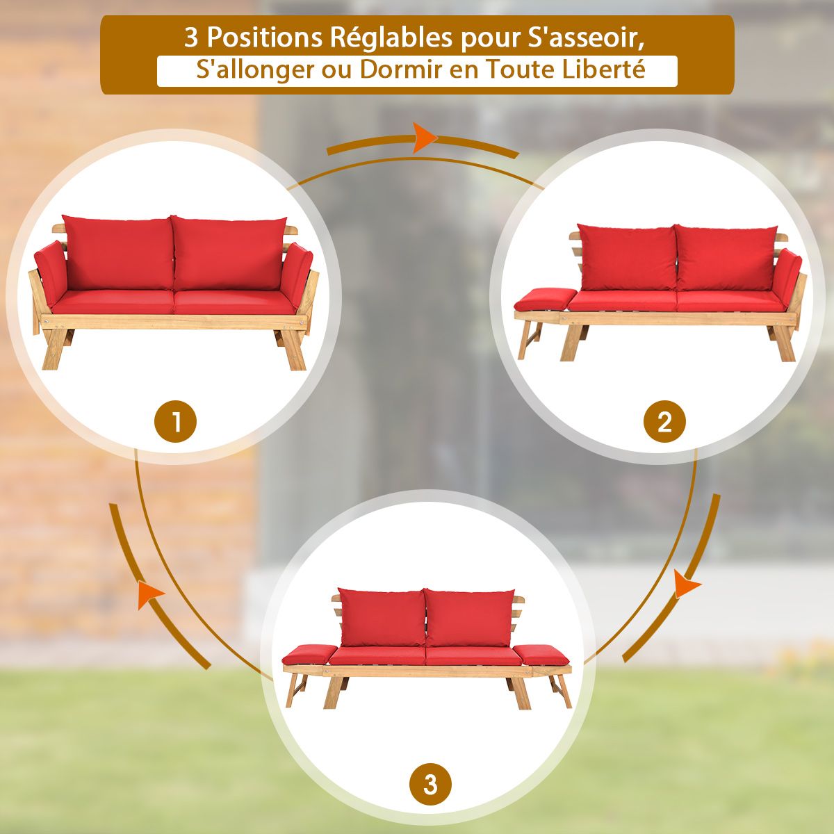 Chaise Longue Convertible avec Coussin Canapé de Jardin 2 en 1 en Bois d’Acacia avec Accoudoir Réglable pour Patio Piscine Jardin Blanc/Gris/Bleu/Rouge
