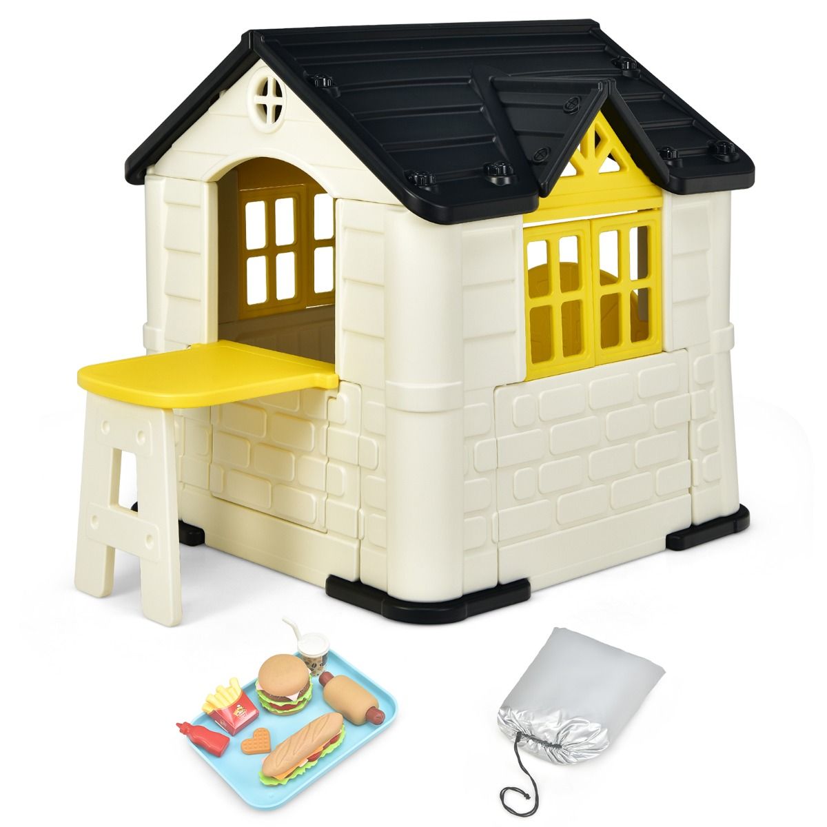 Maison Chef House -Thème Burger Bar - Table de Pique Nique Cabane de Jardin Anti-UV en Plastique 164x124x132 cm Bleu/Rose/Jaune