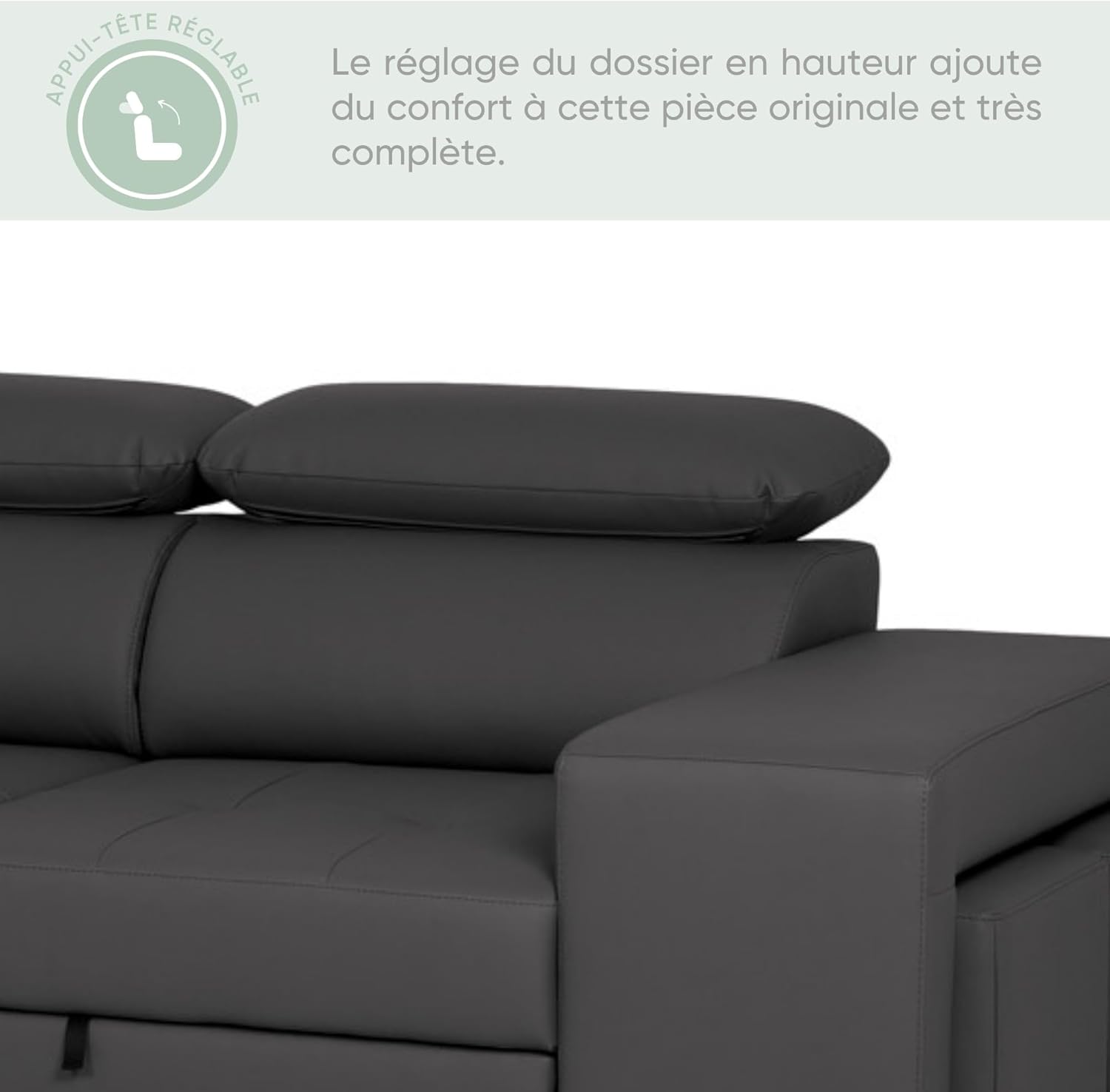 John Canapé-Lit d’Angle 4 Places – Chaise Longue Réversible, Têtières Réglables et 2 Poufs – Revêtement en Polyuréthane – Style Moderne – 263x161x96 cm – Noir