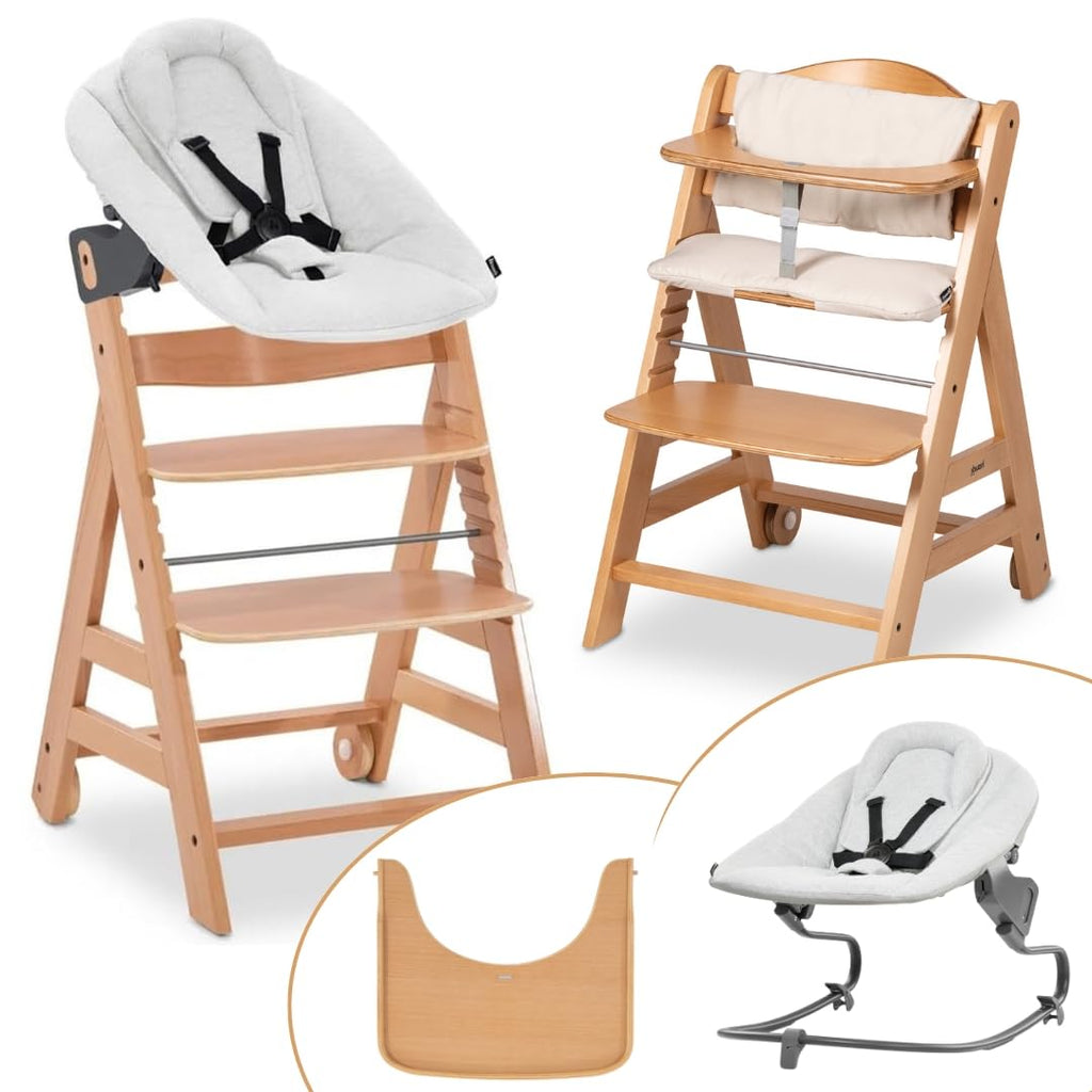 hauck Hochstuhl Beta+ Newborn Set Premium Dark Grey - Babyhochstuhl Set ab Geburt mit Neugeborenen Aufsatz Bouncer, Sitzpolster und Essbrett - Dark Grey