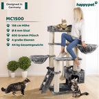 HAPPYPET Kratzbaum große Katzen XXL Jacob - Katzenbaum Deckenhoch, Stabil und Massiv mit Sisalsäulen und Dicker Bodenplatte, Ideal für Schwere Rassen