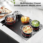 AMZCHEF Induktionskochfeld 5 Zonen Einbau Induktionskochplatte mit Booster und 9 Stufen, Pausenfunktion und warm halten, Induktion Kochfeld mit Slider-Steuerung, Multifunktions-Timer,7400W