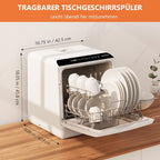 Karlxtom TDQR03A Mini Geschirrspüler, 6 Programme freistehender Tischgeschirrspüler, Spülmaschine mit 2 Wasserversorgungsmodi, Auto-Trocknung, Perfekt für kleine Familien und Paare