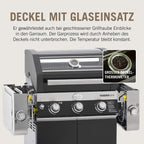 RÖSLE Elektrogrill BBQ-Portable Videro E2-P, tragbarer Tischgrill mit 2 Brennern, Warmhalterost und Deckel mit Glaseinsatz, pulverbeschichteter Stahl, schwarz/silbern