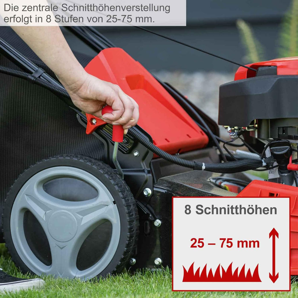 Scheppach MS150-46E Benzin Rasenmäher mit E-Start | 46cm Schnittbreite | Reinigungsfunktion | 55 Liter Fangkorb | Stahlgehäuse | 7-stufige Höhenverstellung | Mulchfunktion | Radantrieb | Seitenauswurf