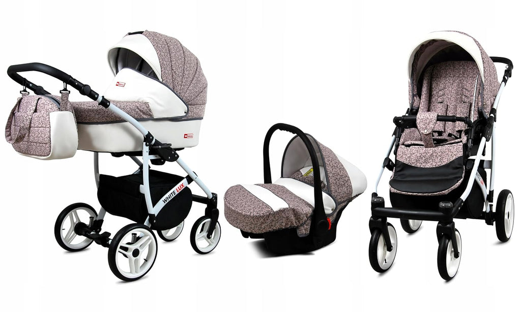 BabyLux® Bambimo Kinderwagen Set 3 in 1 - White Lux - incl. Babywanne, Buggy Sportsitz, Auto-Babyschale - Autositz - Kinderwagenset - Kombikinderwagen mit Wickeltasche, Regenschutz usw.