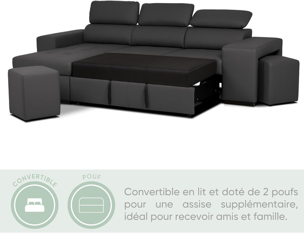 John Canapé-Lit d’Angle 4 Places – Chaise Longue Réversible, Têtières Réglables et 2 Poufs – Revêtement en Polyuréthane – Style Moderne – 263x161x96 cm – Noir