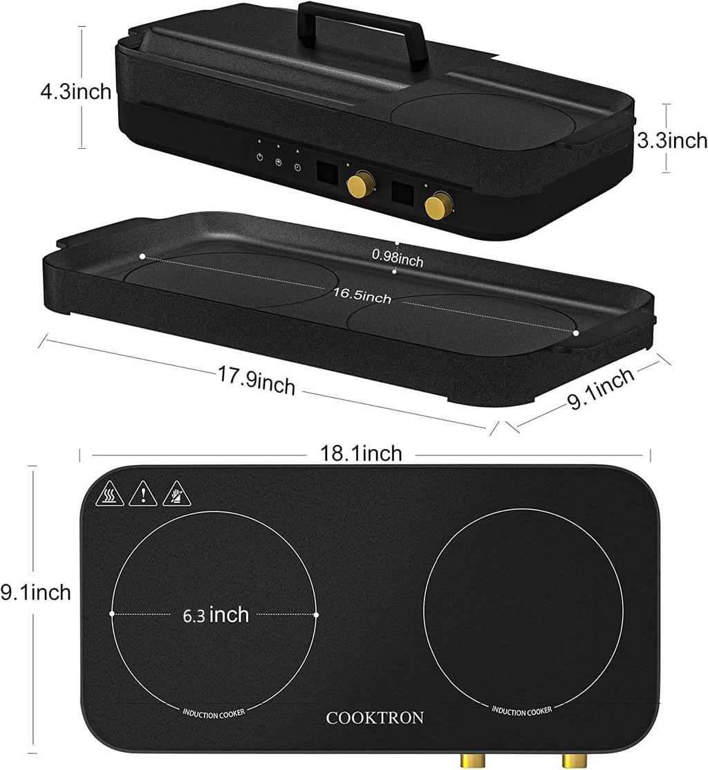 COOKTRON Portable Induktionskochfeld 2 Brenner mit abnehmbarem Eisen Guss Grillpfanne Antihaft, 2800W Doppelinduktionskochfeld mit Kindersicherung Zeit, ideal für Familienfeier