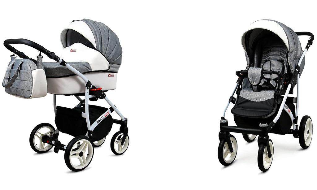 BabyLux® Bambimo Kinderwagen Set 3 in 1 - White Lux - incl. Babywanne, Buggy Sportsitz, Auto-Babyschale - Autositz - Kinderwagenset - Kombikinderwagen mit Wickeltasche, Regenschutz usw.